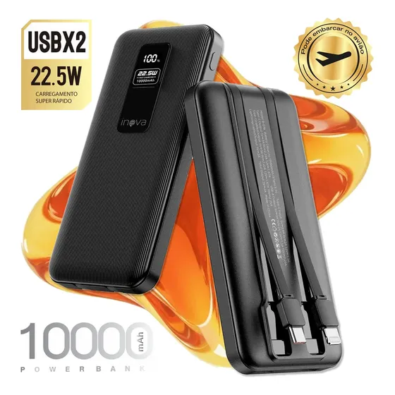 Inova Carregador Portátil Turbo 22.5w Power Bank 10.000mah Universal Externa Cor Preto