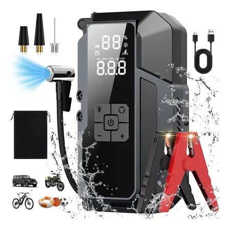 Auxiliar de Partida e Compressor de Ar Digital para Carro e Moto 12V com Power Bank e Lanterna LED