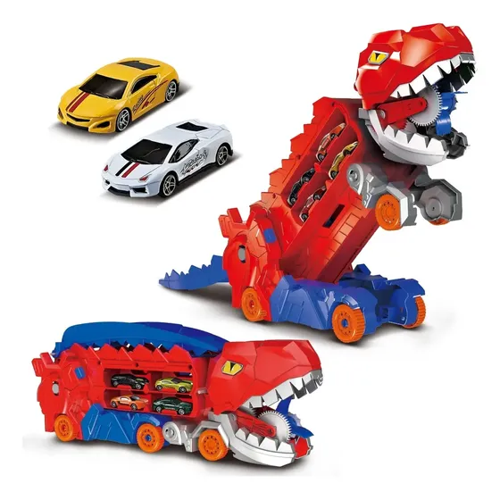 Caminhão Dinossauro Pista Com Carrinhos Maleta Transporte Cor Vermelho