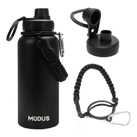 Garrafa Térmica 1000ml Aço Inox 304 Gelo 18h Quente 12h Com Alça Paracord Cor Preta-j252