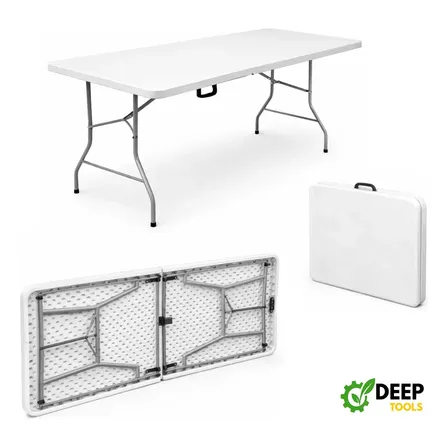 Mesa Dobrável Portátil 1,80m Vira Maleta Com Alça Camping Praia Festas Jardim Eventos Deep Tools + Book Branco
