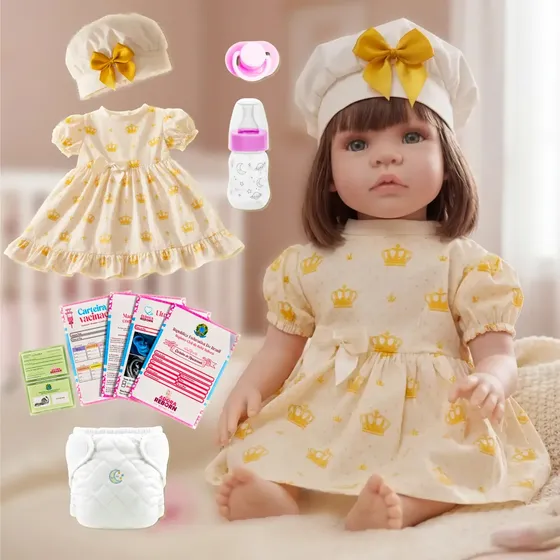 Boneca Bebê Reborn Silicone Realista Com Vestido Pode Dar Banho