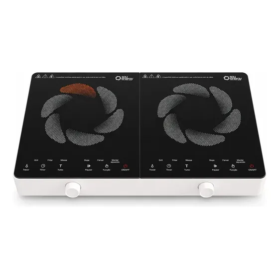 Cooktop De Indução Portátil Bivolt 2 Bocas 3500w Com Painel Touch, Timer E Mesa Vitrocerâmica, Fogão Elétrico | Sou Energy Branco 127/220v