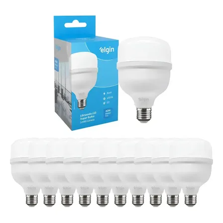 Kit 10 Lâmpada Led Super Bulbo Elgin 40w Branca Fria 6500k Bivolt E27 3200 Lúmens Alta Potência Econômica Para Galpão... 127/220v Branco-frio