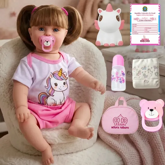 Bebê Boneca Reborn Menina Maddie Unicórnio Kit Completo