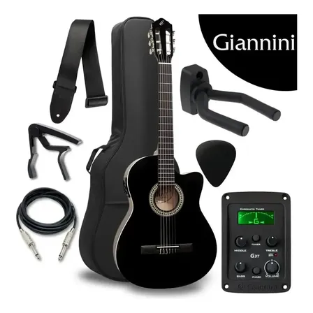 Kit Violao Giannini Eletroacustico Corda Nylon Destro Flat Cutaway Nailon Profissional Eletrico Acustico Estudo Iniciante Preto Acessorios Completo Afinador Equalizador Correia Capa Cabo Soundblue