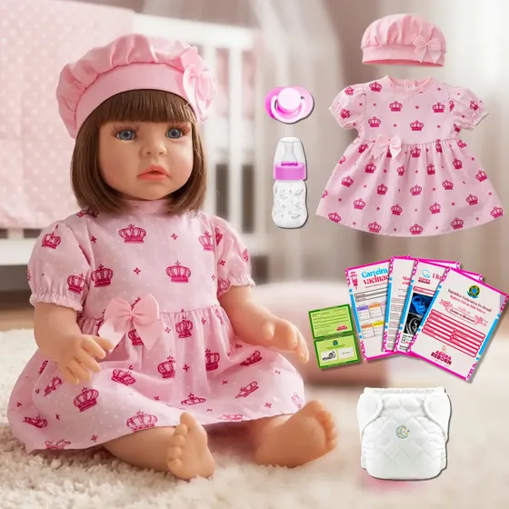 Boneca Bebê Reborn Silicone Realista Com Vestido Rosa Pode Dar Banho