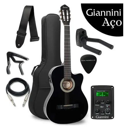 Kit Violao Giannini Eletroacustico Corda Aço Destro Flat Cutaway Profissional Eletrico Acustico Estudo Iniciante Preto Acessorios Completo Afinador Equalizador Correia Capa Cabo Bag Soundblue