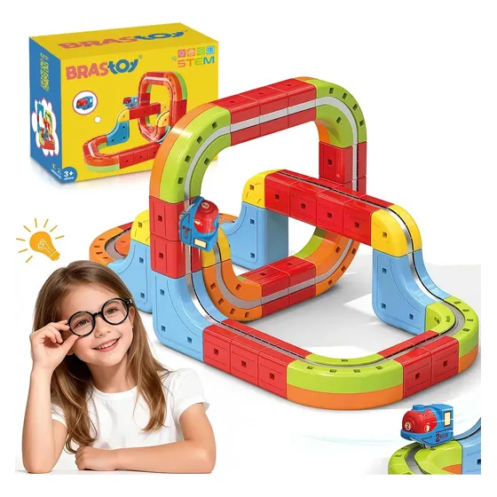 Trem Elétrico Magnético Para Montar Brastoy De Blocos 3d De Madeira Com Carregamento Usb 128 Magnéticos