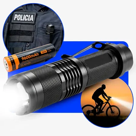 Lanterna Tática Militar Compacta Recarregável Bolso Aluminio Resistente Água Zoom Telescópico Uniled Branco Preto