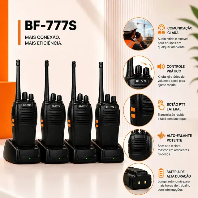 Kit 4 Rádios Comunicadores Baofeng Bf-777s Alta Performance Walkie Talkie Profissional Esportivo Sem Fio Alta Segurança Comunicação Show Eventos 400 ~ 470mhz 16ch Ht Walk Talk Raytechno