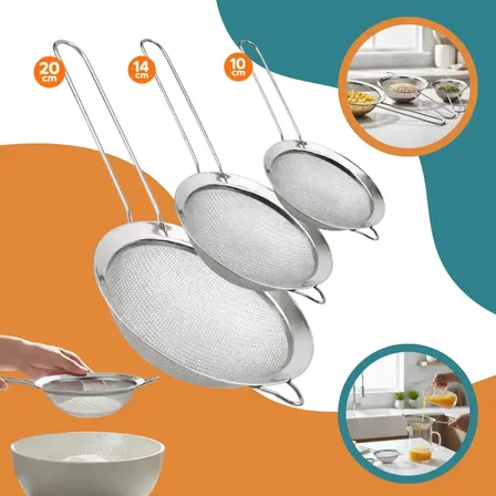 Kit 03 Peneiras Manual Coador 10-14-20cm Em Aço Inox Cozinha Resistente Boa Dica