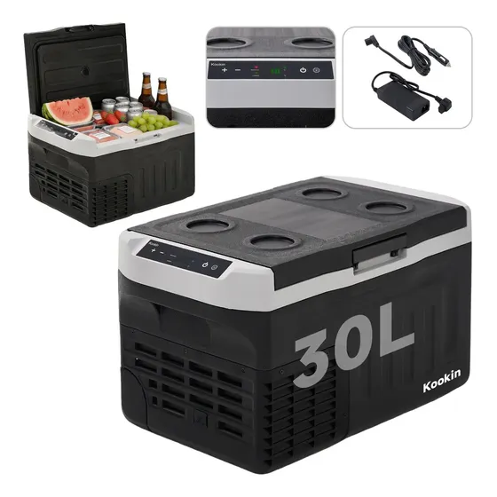 Geladeira Automotiva Portátil 30l Kookin Compressor 12v/24v 110v/220v Freezer -20°c Carro Caminhão Motorhome Com Adaptador Preto