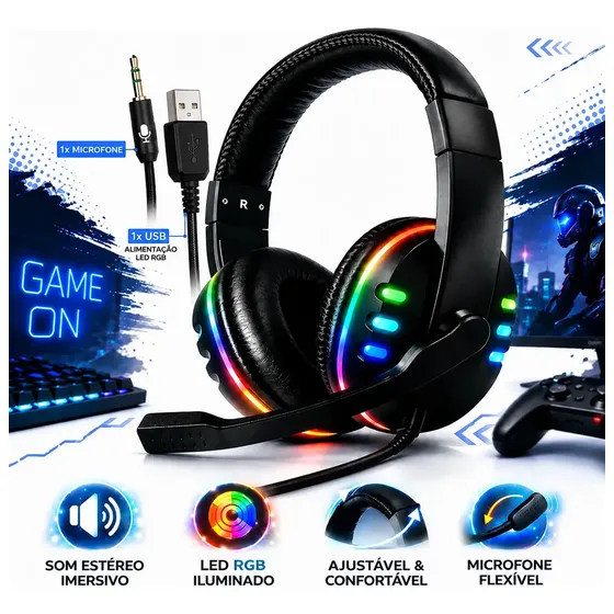 Headset Gamer RGB Led Com Microfone P2 P/ PC PS4 PS5 Xbox Celular Notebook Surround 5.1 Com Adaptador Landara