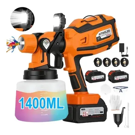 Pistola De Pintura Elétrica Sem Fio Portátil 1400ml + 2 Baterias E Led 4 Bicos Laranja 127/220v