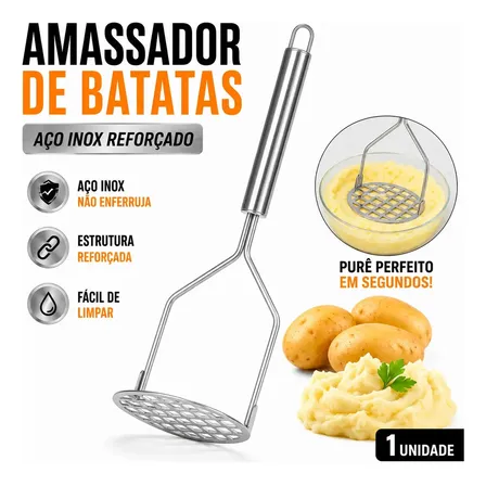Amassador De Batatas Aço Inox Pega Antiderrapante Em Design Ergonômico Malha Fina Eficiente Fácil De Limpar E Armazenar Para Legumes, Tomate, Abóbora, Maçã E Banana Feijão Tomate Espremedor Prateado