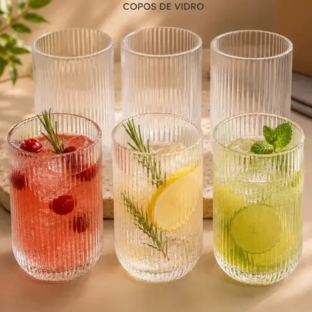 Jogo 6 Copos Vidro Canelado 420ml Versalhes Camerrata Transparente Suco Água Drinks Conjunto Copo Resistente Elegante Bravli