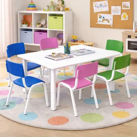 Jogo De Mesa 120 Cm Infantil Com 6 Cadeiras Coloridas Escola Coloridas