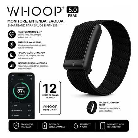 Smartband Whoop 5.0 Peak para Monitorar Saúde e Fitness, com 12 Meses de Plano e Pulseira de Malha Preta