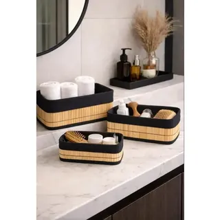 Kit 3 Cestos De Bambu Multiuso Organizador Caixa Palha Com Forro De Algodão Decoração Cozinha Quarto Sala Ambiente Armário Escritório Banheiro Pítia