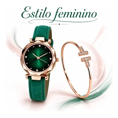 Relógio Feminino Diamond Elegance Luxo Quartzo Pulseira, Multi-estilo, Coração, Flores E Estilo Verde, Conjunto De Pulseiras-relógio Femininas Premium Com Detalhes Em Cristal Verde