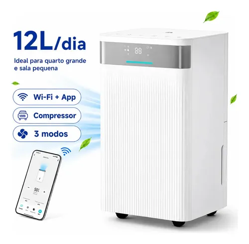 Desumidificador Airluma 12L/Dia com Compressor, Wi-Fi e Drenagem Contínua