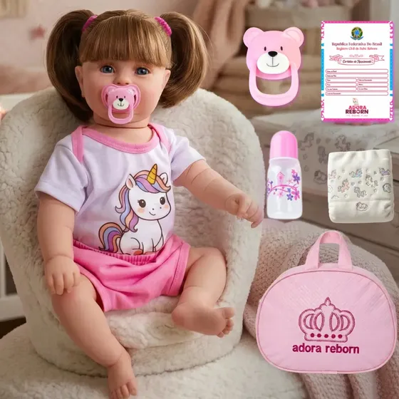 Bebê Boneca Reborn Menina Maddie Unicórnio Com Bolsa