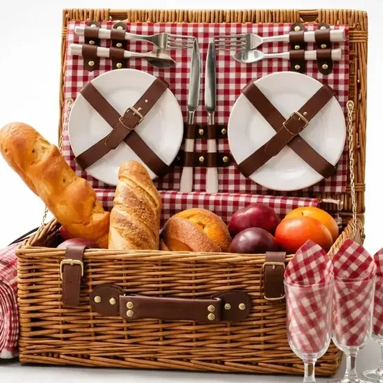 Cesta Picnic Pronta Completa Forro Termico Toalha Acessorios Kit