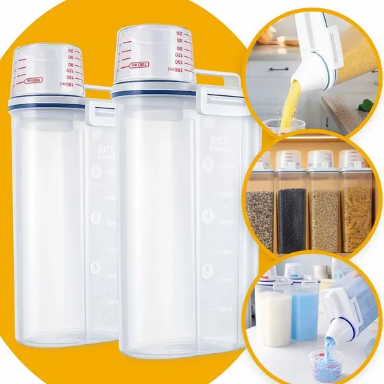 Conjunto 2 Potes Herméticos 2,5 Litros Multiuso Dispenser De Armazenamento De Grãos Cereais Ração Sabão Com Copo Medidor E Bico Dosador Com Travas Dispenser Alimento 2,5 Litros Drop Shopy Incolor
