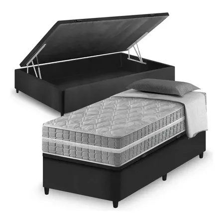 Cama Box Com Baú Preta Solteiro King + Colchão Alabama 96cm Preto