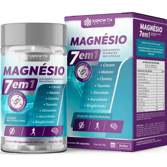 7 Magnésio Citrato Malato Cloreto Taurato Dimalato Ascorbato Bisglicinato 60 cápsulas 1000mg Sabor Natural