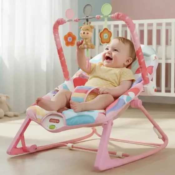 Cadeira De Descanso E Balanço Para Bebê Vibratória Musical Rosa Girafa