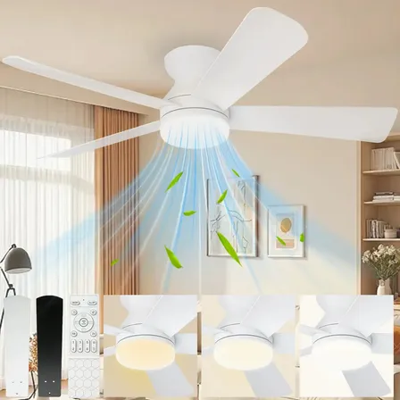 Ventilador de Teto 42" Com Luz LED, 5 Pás, Motor Silencioso e Controle Remoto Para Sala ou Quarto Branco