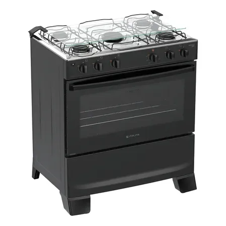 Fogão 5 Bocas Atlas Mônaco Plus Com Mesa De Inox E Forno De 82 Litros Preto Bivolt 127/220v