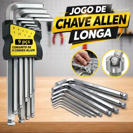 Kit Jogo Chave Allen Hexagonal L Longa 9 Peças 1,5 A 10 Mm Uso Profissional E Doméstico Kit Completo Cromo