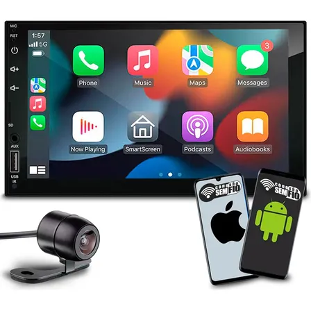 Central Multimídia 7 Polegadas Com Carplay E Android Auto Sem Fio + Controle Remoto + Câmera De Ré Colorida