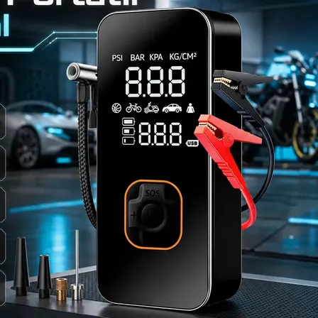 Compressor De Ar Digital Portátil Com Auxiliar De Partida Powerbank 8000mah Tela Led Mini Bomba Para Carro Moto Preto 127/220v 60 Hz Monofásica