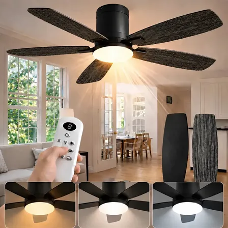 Ventilador De Teto Silencioso Com Luz Led E Controle Remoto, Grande 107cm, 8 Velocidades, 3 Cores De Luz, 5 Pás Dupla... 1.07 M Madeira 127/220v
