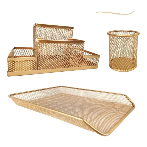 Kit Escritório Porta Caneta Organizador Mesa Bandeja Dourado