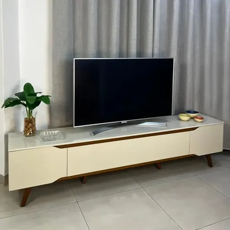 Rack Retrô Shop 2,20m Para Tv 70 Moderno E Aconchegante - 7 Off White Bege Ac Cedro Frj Ac