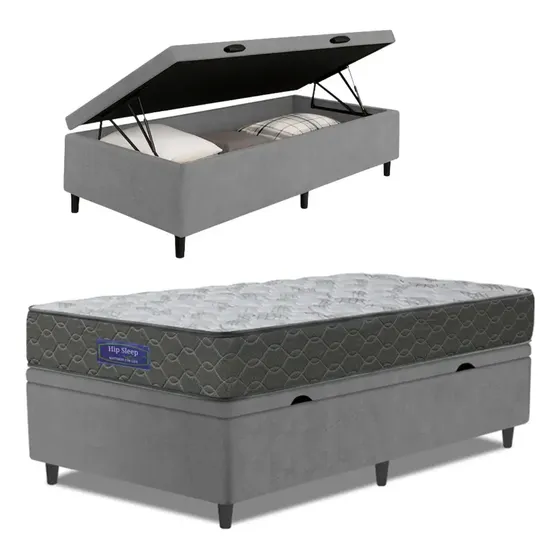 Cama Box Baú Colchão Solteiro Ortopédico Espuma D33 Hiper Cinza