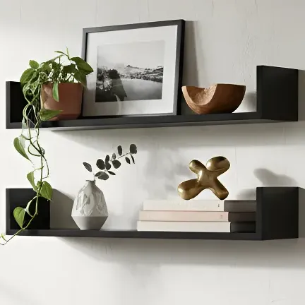 Kit 02 Prateleiras U 60cm Preto Mdf Sala Quarto Cozinha Casa Preto