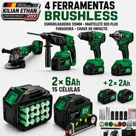 Kit Ferramentas Kilian Ethan Profissional Brushless: Esmerilhadeira 125mm, Martelete, Furadeira E Impacto, Com 4 Baterias (2x 6ah E 2x 2ah) E Carga Rápida Verde