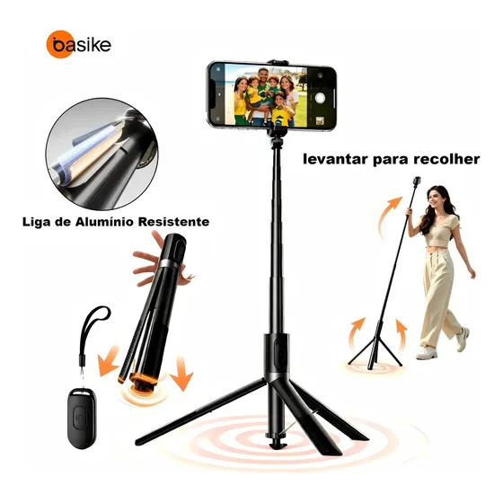 Basike 1.64m Pop Up Portátil Tripé Suporte Celular 360 Bastão Selfie Flexivel Recolhe ao levantar o bastão Corpo em alumínio com Controle Bluetooth, alta estabilidade, suporte robusto Para Tiktok Vlog