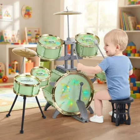 Brincamundo Bateria Musical Infantil 6 Tambores Com Luzes Led Banquinho 2 Pratos Pedal E Baquetas Brinquedo Instrumento Musical Educativo Verde