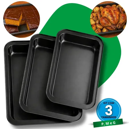 Kit Com 3 Formas Assadeiras Antiaderente Teflon 3 Tamanhos Pmg 42cm37cm32cm Retangular Carnes Frangos Tortas Bolos Green Clean Cinza-escuro