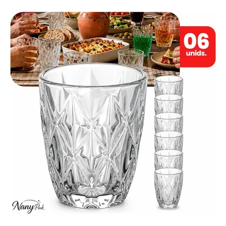 Jogo 6 Copos Diamond 300ml Vidro Grosso Diamante Egipcio Luxo Moderno Resistente Buffet Casual Baixos Transparente - Nany Pink