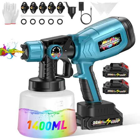 1500w Pistola De Pintura Elétrica Profissional 1400ml 2*6000mah Bateria Portátil Pistola Pulverizador Hvlp De Tinta Con 6 Bicos 3 Modos Low Pressão Gravidade Para Automotiva/carro/cerca Azul 127/220v