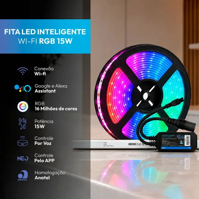 Fita Led Inteligente Wi-fi 2.4 Ghz 15w 5 Metros 2700k/6500k Rgb Colorido 12v + Controlador Inteligente + Driver Cod: Neo001757-k001 Neo Avant 127/220v