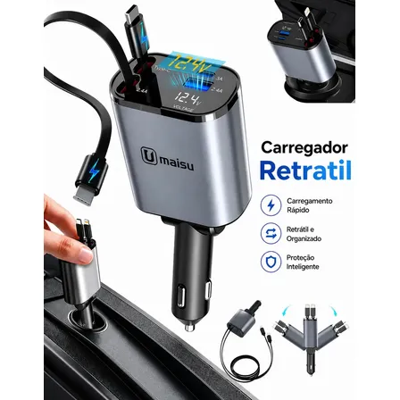 Carregador Veicular Automotivo Retrátil Turbo 4 Em 1 Usb Tipo-c 120w Para Carros Caminhão Plug Acendedor Carga Rápida Com Display 12v Cinza